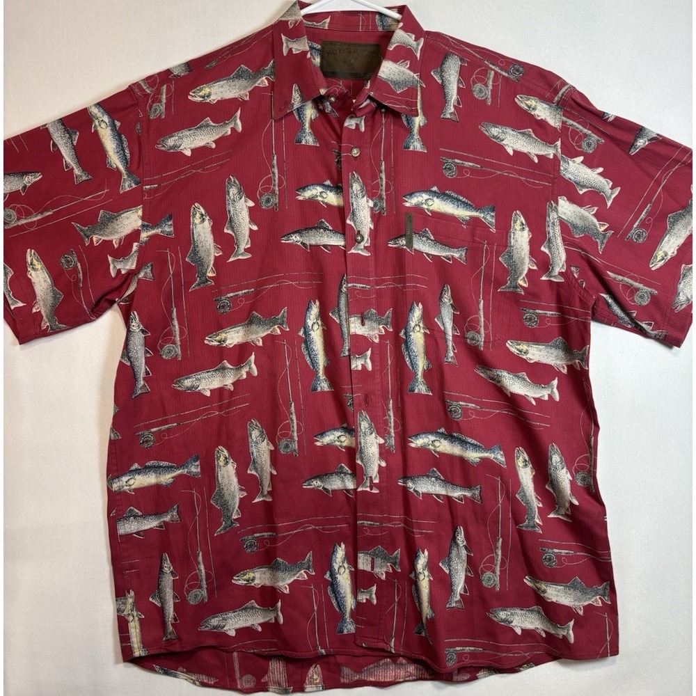 North River Red Multicolor Fish Print Cotton Short Sleeve Button-Up Shirt XL